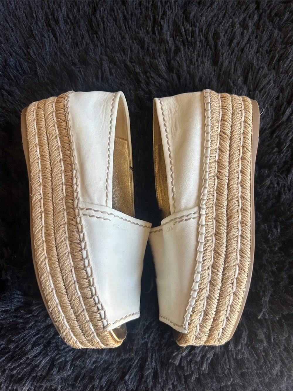 Prada white leather peep-toe platform espadrilles retail $710-$850